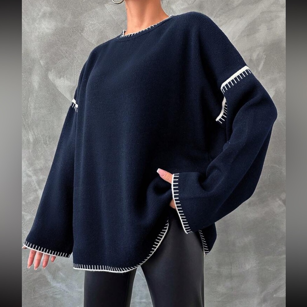 Luxe Comfy Stitched Detail Knit Sweater Top Holiday Navy Blue